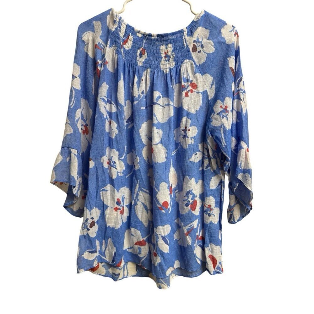 Zac & Rachel Blue Floral Peasant Blouse XL Smocked Neck Boho Top - Picture 2 of 4